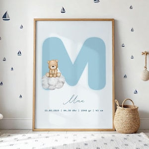 Póster de nacimiento personalizado con nombre y estadísticas personalizadas, lámina de osito de peluche para habitación infantil, regalo para recién nacido, decoración azul para habitación de bebé.