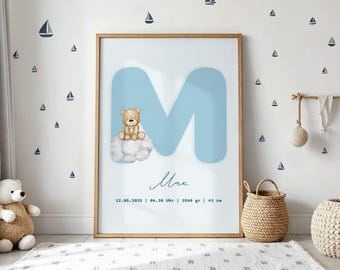 Personalized Teddy Bear Birth Poster: Custom Nursery Art (Digital Option Available)