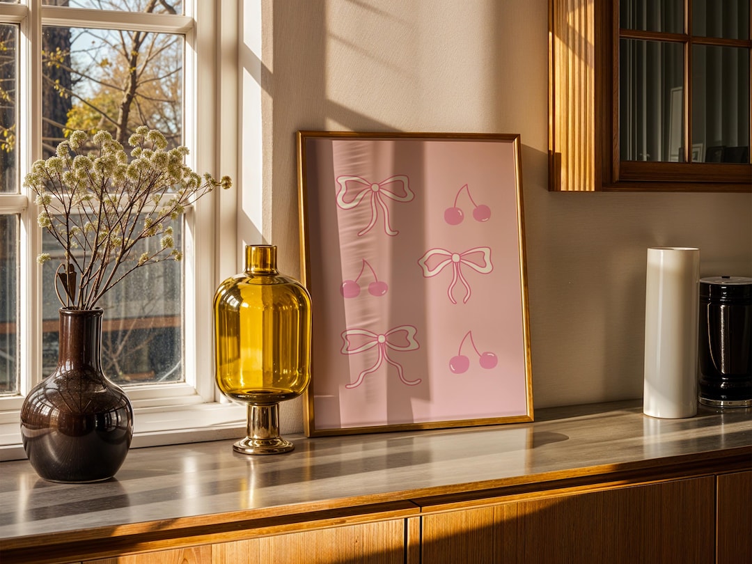 Pink Cherry Bow Wall Art – Cute Girly Room Decor – Aesthetic Kitchen ...