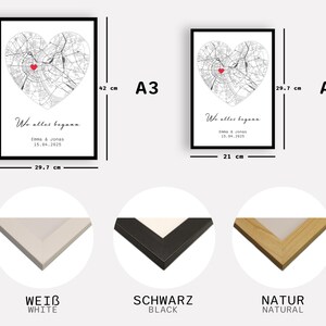 May include: Framed art prints featuring a heart-shaped map design with a red dot, available in A3 (42 cm x 29.7 cm) and A4 (29.7 cm x 21 cm) sizes. The text "Wo alles begann" and names with a date are displayed. Frame options include white, black, and natural wood.