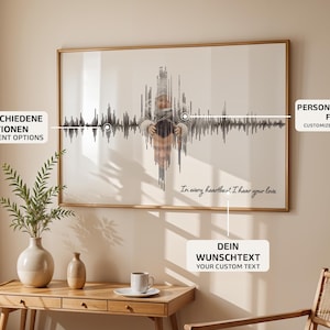 Puede incluir: Una impresi&oacute;n enmarcada con un dise&ntilde;o de onda de sonido creado a partir de una fotograf&iacute;a personalizada. La impresi&oacute;n incluye el texto "In every heartbeat, I hear your love" y la opci&oacute;n de texto personalizado. Tambi&eacute;n incluye el texto "2 OPCIONES DIFERENTES".