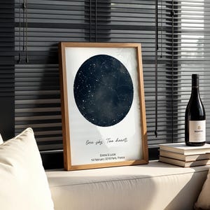 Peut inclure: Un cadre en bois contenant une carte du ciel bleu fonc&eacute; avec des &eacute;toiles, le texte "One sky, Two hearts", et des noms avec une date et un lieu. Une bouteille de vin et des livres sont &agrave; c&ocirc;t&eacute;.