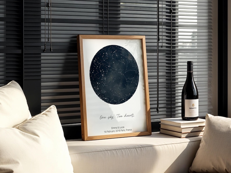 Peut inclure: Un cadre en bois contenant une carte du ciel bleu fonc&eacute; avec des &eacute;toiles, le texte "One sky, Two hearts", et des noms avec une date et un lieu. Une bouteille de vin et des livres sont &agrave; c&ocirc;t&eacute;.