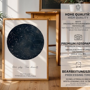 Peut inclure: Impression encadr&eacute;e d'une carte c&eacute;leste bleu fonc&eacute; avec des &eacute;toiles blanches. Le texte "One sky. Two hearts" et les noms Emma & Lucas, avec la date du 14 f&eacute;vrier 2018 et le lieu Paris, France, sont inclus. Le cadre est en bois brun clair.