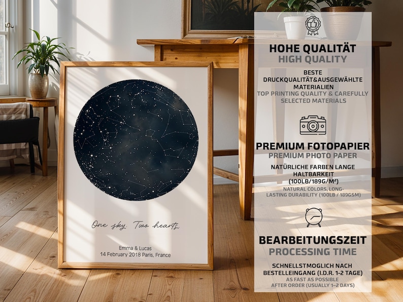 Peut inclure: Impression encadr&eacute;e d'une carte c&eacute;leste bleu fonc&eacute; avec des &eacute;toiles blanches. Le texte "One sky. Two hearts" et les noms Emma & Lucas, avec la date du 14 f&eacute;vrier 2018 et le lieu Paris, France, sont inclus. Le cadre est en bois brun clair.
