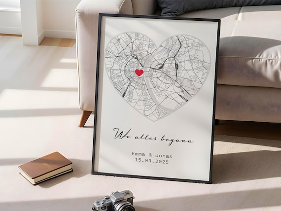 Personalized Heart Map Print | Custom Couple Poster with Names, Date & Location | Anniversary or Wedding Gift Idea