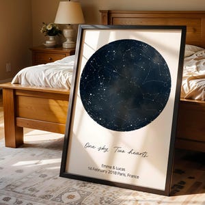 Peut inclure: Impression encadr&eacute;e repr&eacute;sentant une carte c&eacute;leste bleu fonc&eacute; avec des &eacute;toiles blanches. L'impression comprend le texte "One sky. Two hearts" et les noms Emma & Lucas, ainsi que la date du 14 f&eacute;vrier 2018 et le lieu Paris, France.