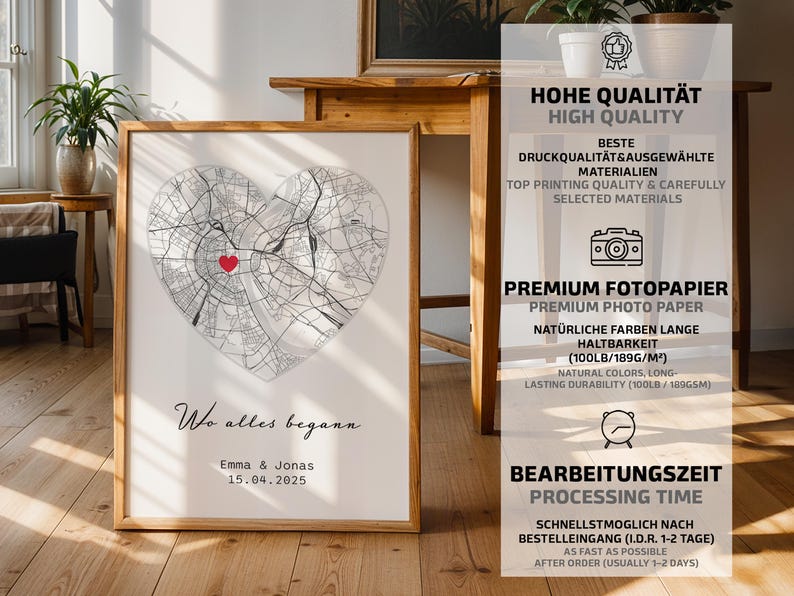 May include: Framed print featuring a heart-shaped map with a red marker, likely a location. The print includes the text "Wo alles begann" and a date. The frame is a light brown color.
