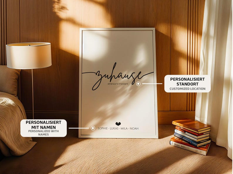 May include: A framed print with the word "Zuhause" in cursive script, along with a location and names. The print is displayed against a wooden wall, with a lamp and books in the background.