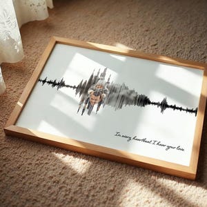 Puede incluir: Una impresi&oacute;n enmarcada con un marco de madera, que presenta un dise&ntilde;o de onda de sonido. La impresi&oacute;n tiene un fondo blanco con un patr&oacute;n de onda de sonido negro y una foto en el centro. El texto "In every heartbeat I hear your love" est&aacute; escrito en cursiva.