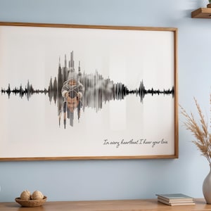 Puede incluir: Impresi&oacute;n enmarcada con un dise&ntilde;o de onda de sonido en blanco y negro, que incorpora una imagen en escala de grises de una persona con un ni&ntilde;o. El texto en cursiva dice "In every heartbeat, I hear your love". El marco es de color marr&oacute;n c&aacute;lido.
