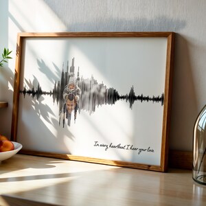 Puede incluir: Una impresi&oacute;n enmarcada con un marco de madera muestra un dise&ntilde;o de onda de sonido en blanco y negro con una superposici&oacute;n de fotos. El texto "In every heartbeat I hear your love" est&aacute; escrito en cursiva. La impresi&oacute;n est&aacute; sobre una superficie de madera.