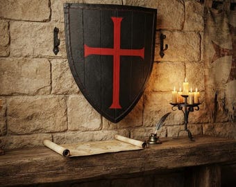 Medieval Templar Shield Black Red Cross Wooden Knight Shield Crusader Wall Decor Handmade Display