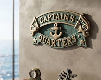 Captain’s Quarters Nautical Name Plate – Vintage Style Aluminum Door Sign, Boat Cabin Wall Decor