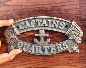 Captain’s Quarters Nautical Name Plate – Vintage Style Aluminum Door Sign, Boat Cabin Wall Decor