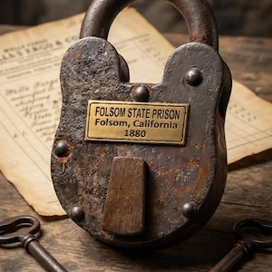 Puede incluir: Un candado de hierro pesado y oxidado con una placa de latón que dice FOLSOM STATE PRISON Folsom, California 1880. El candado cuenta con un pestillo central vertical y está acompañado por dos llaves de hierro a juego sobre una superficie de madera.