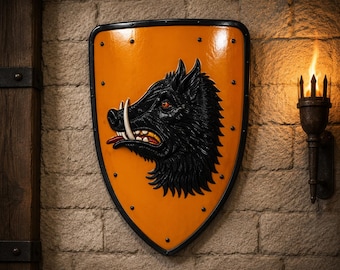 Hand-Painted Medieval Shield | 28" Boar Crest, LARP Cosplay Decor
