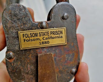 Vintage Iron Lock with Brass Plate | Antique Folsom Prison Padlock | Collectible Decor