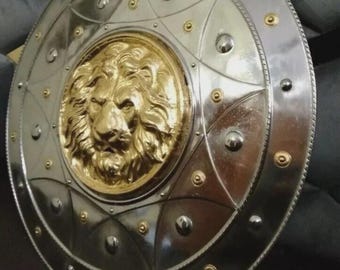Escudo de león medieval de 56 cm: réplica redonda de caballero para batalla, ideal para rol en vivo y cosplay de Halloween.