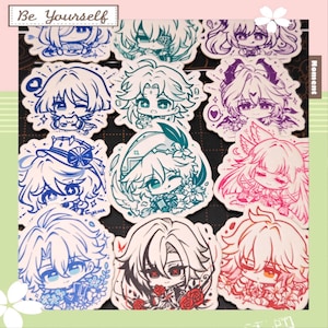 Puede incluir: Una colección de pegatinas de estilo anime con varios personajes en diferentes colores. Las pegatinas tienen un borde blanco y están dispuestas sobre un fondo rosa y negro. El texto "Be Yourself" está en la parte superior.
