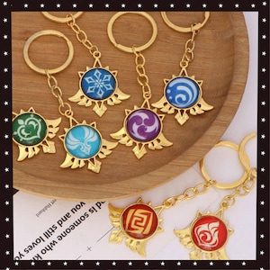 Genshin Impact Glow in the Dark Vision Keychain, Alloy Pendant, 7 Elements Pyro/Hydro, 5.8cm