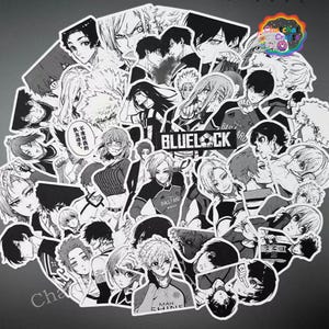 May include: A collection of black and white anime-style stickers featuring various characters. The stickers include the text "BLUELOCK" and other Japanese text. The stickers are of different sizes and shapes, with a white border.