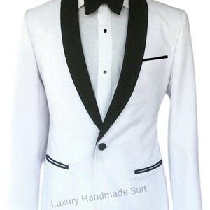 Chaqueta/blazer blanco de dos piezas y pantalón negro hechos a mano para hombre, lujoso blazer adornado para boda, cóctel, graduación, fiesta.