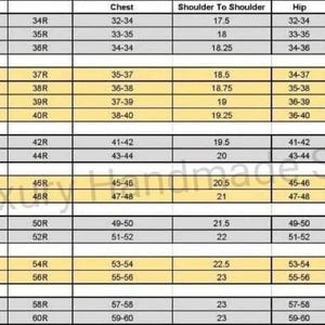 Puede incluir: Tabla de tallas de trajes con medidas de pecho, hombros, cadera, manga y largo. Tallas desde la S hasta la 4XL. Las medidas est&aacute;n en pulgadas. La tabla ayuda a elegir la talla de traje correcta.