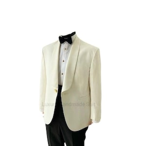 Chaqueta/blazer de dos piezas color marfil y pantalón negro hechos a mano. Blazer lujoso adornado para hombre, ideal para bodas, cócteles, fiestas de graduación, regalos para él.