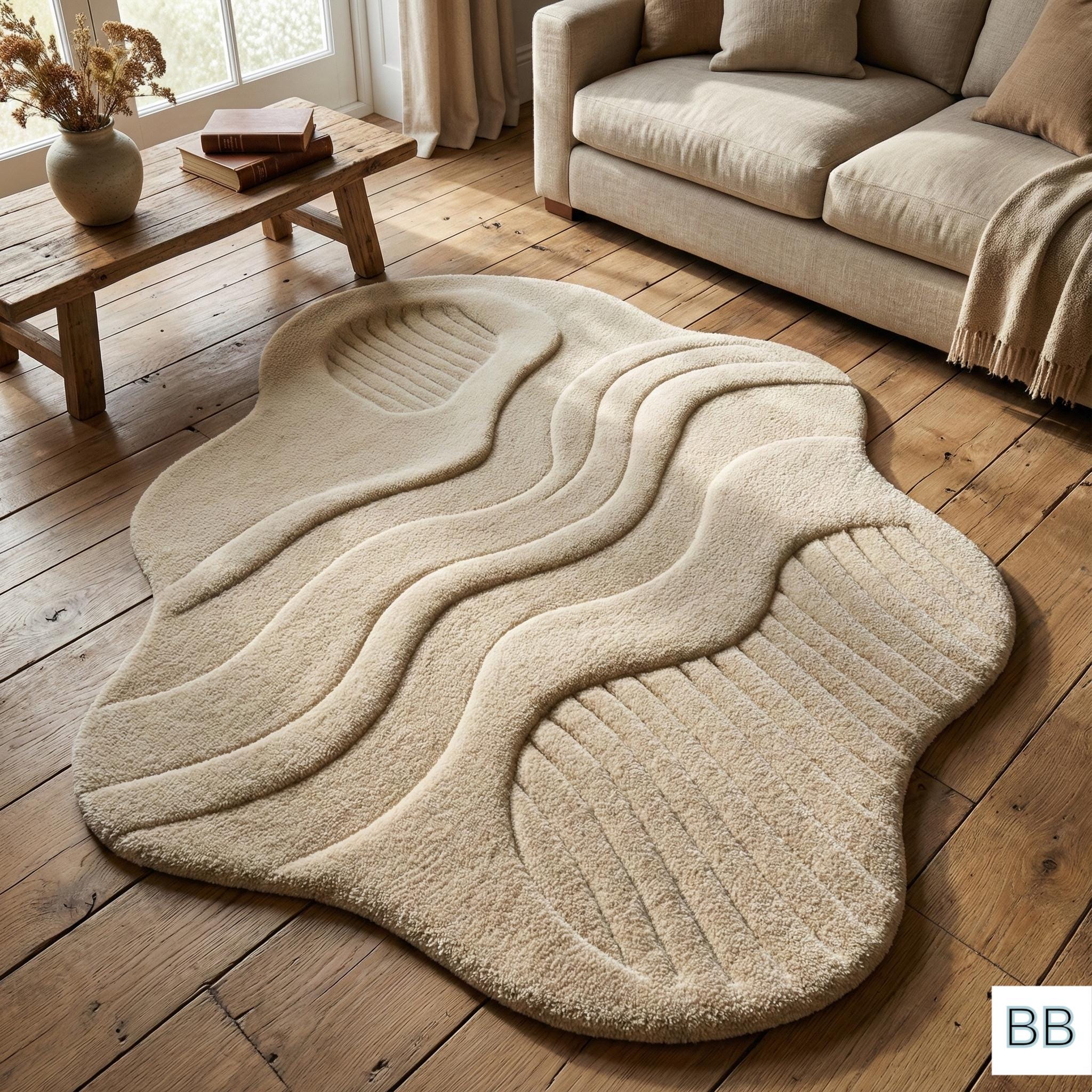 Modern Abstract Organic Shape Rug – Irregular Hand Tufted Neutral Beige ...