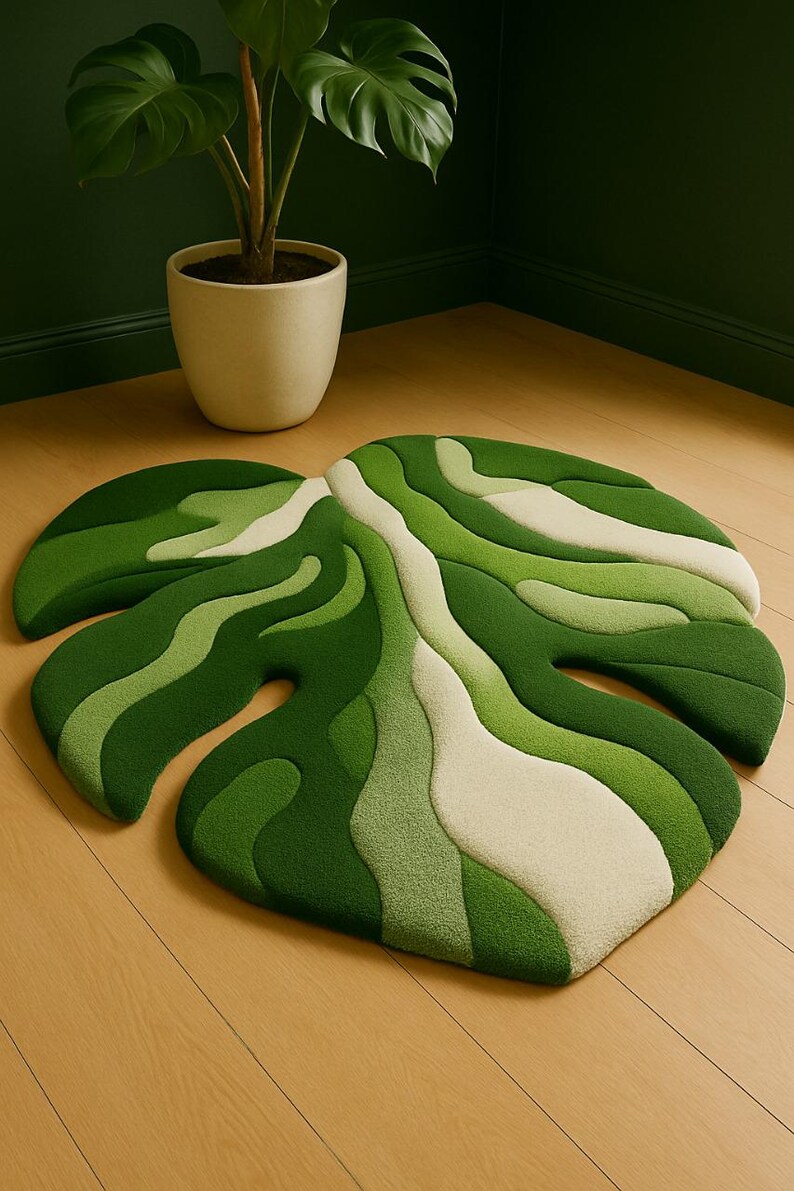 Tropical Green Monstera Leaf Rug - Hand-tufted Jungle Botanical Carpet ...