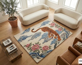 Hand-Tufted Wool Tiger Rug, Floral Tibetan Art, 3D Textured Decor