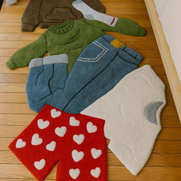 Whimsical Clothing Shaped Wool Rug: Funky Colorful Floor Art