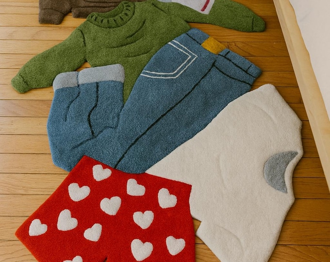 Whimsical Clothing Shaped Wool Rug: Funky Colorful Floor Art