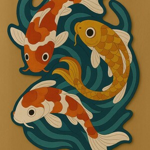 Flat lay of handcrafted koi fish-inspired rug with colorful carp and flowing water design on wooden floor