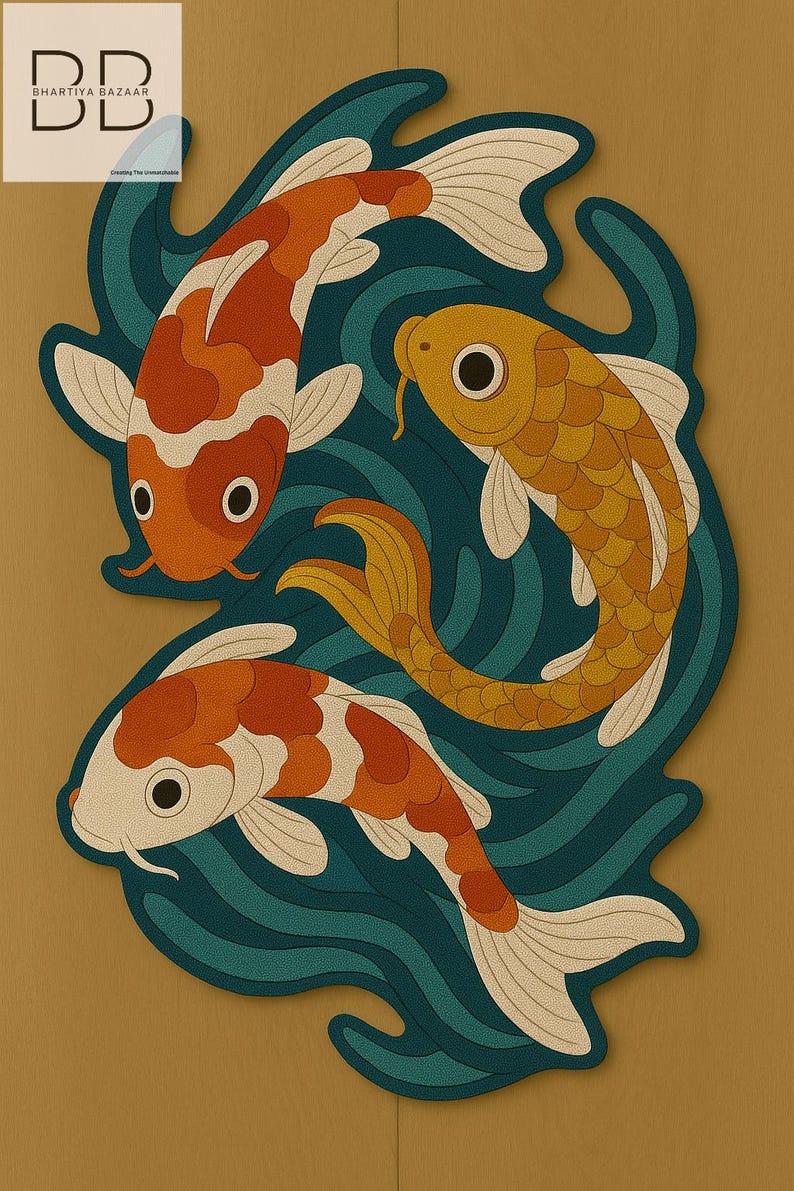Flat lay of handcrafted koi fish-inspired rug with colorful carp and flowing water design on wooden floor