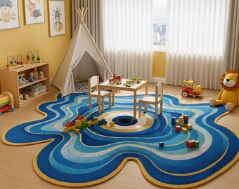 Wavy Edge Area Rug, Boho Psychedelic Eye Carpet, Retro 70s Decor (9x9)