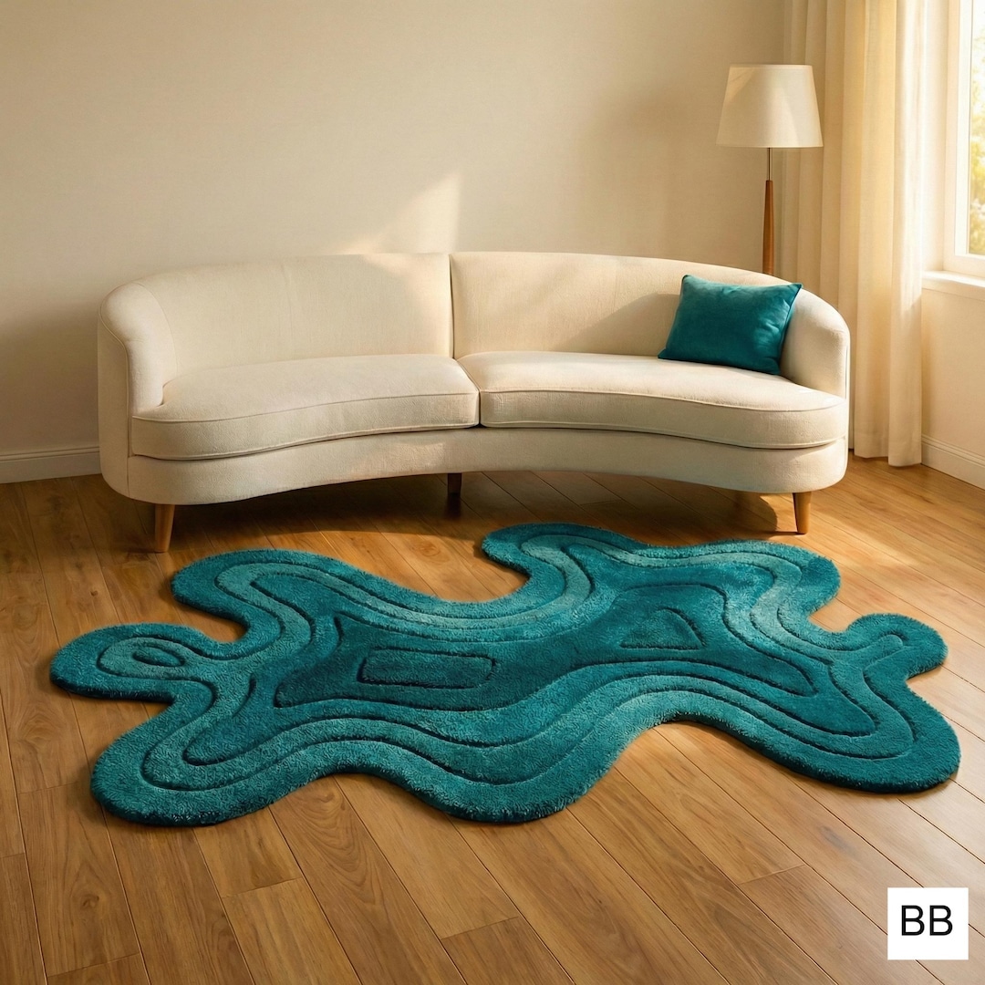 Hand Tufted Wool Rug – Abstract Wavy Ocean Blue Carpet, 9x12 - Etsy