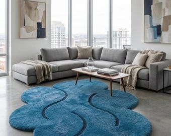 Blue Cloud Rug, Hand Tufted Wool Area Rug, Irregular Shape Aesthetic Carpet, Funky Nursery Decor, Cute Kids Room Floor Mat, 10x10 feet