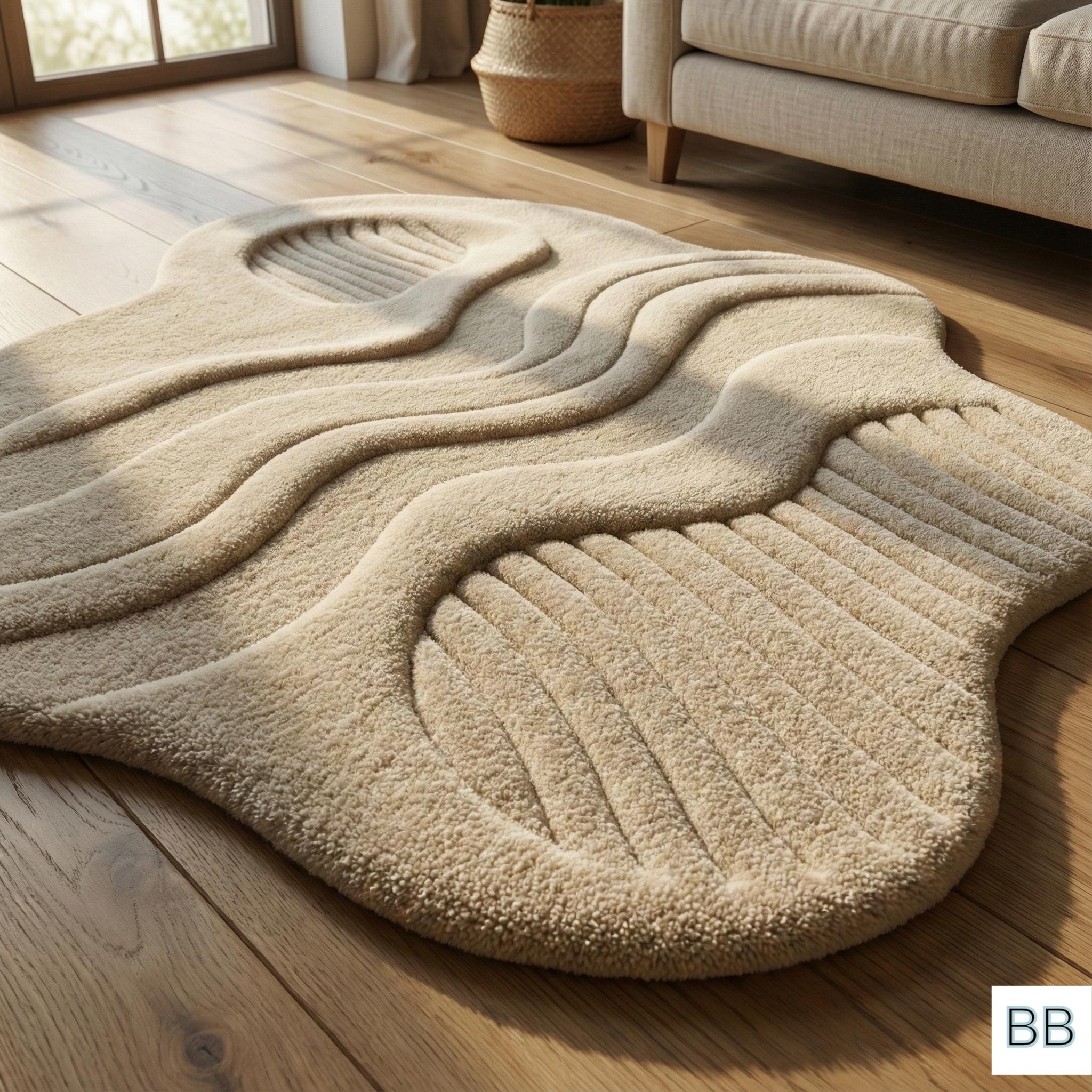 Modern Abstract Organic Shape Rug – Irregular Hand Tufted Neutral Beige ...