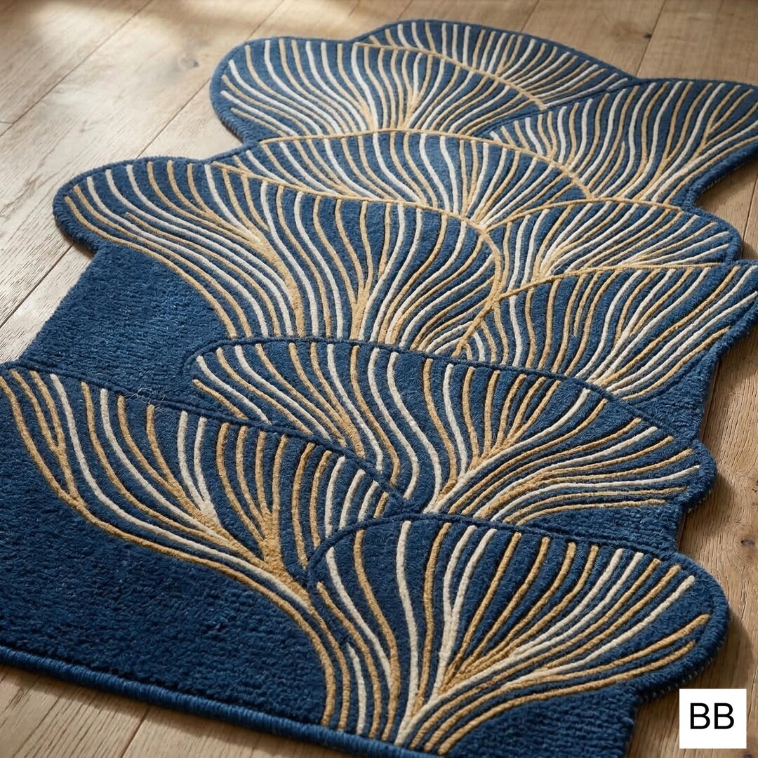 Navy Blue Abstract Leaf Wool Rug | Irregular Shape Modern Designer ...