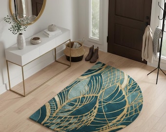 Half Moon Rug, Hand Tufted Teal Gold Rug, Art Deco Semi Circle Geometric Wool Rug
