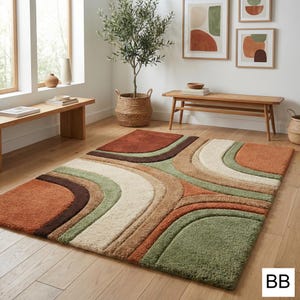 Modern Abstract Hand-Tufted Wool Rug – Curved Pattern in Rust Orange, Sage Green & Beige