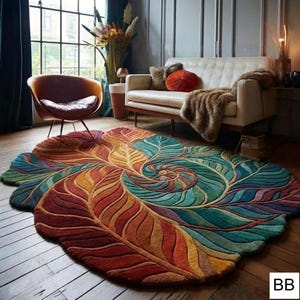 Hand-Tufted Wool Rug | Colorful Leaf & Shell Spiral, Coastal Decor