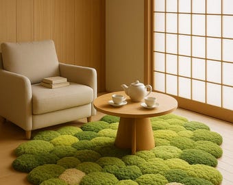 Green Moss Pebble Rug – Hand Tufted Round Carpet | 3D Forest Floor Meditation Mat, Nature Inspired Boho Home Decor, Plush Cozy Area Rug