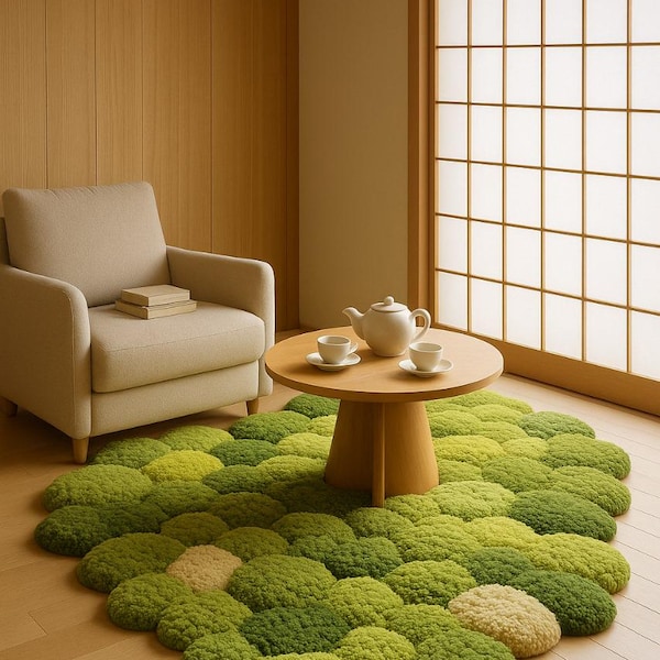 Green Moss Pebble Rug – Hand Tufted Round Carpet | 3D Forest Floor Meditation Mat, Nature Inspired Boho Home Decor, Plush Cozy Area Rug