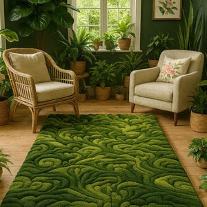 Hand-Tufted Wool Moss Green Rug: 3D Botanical Forest Carpet