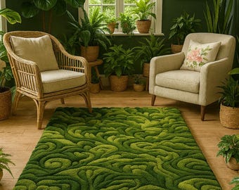 Hand-Tufted Wool Moss Green Rug: 3D Botanical Forest Carpet