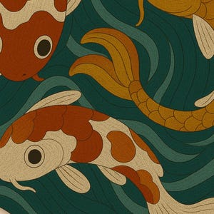 Close-up of three koi fish in detailed tufted rug design with vibrant teal water background