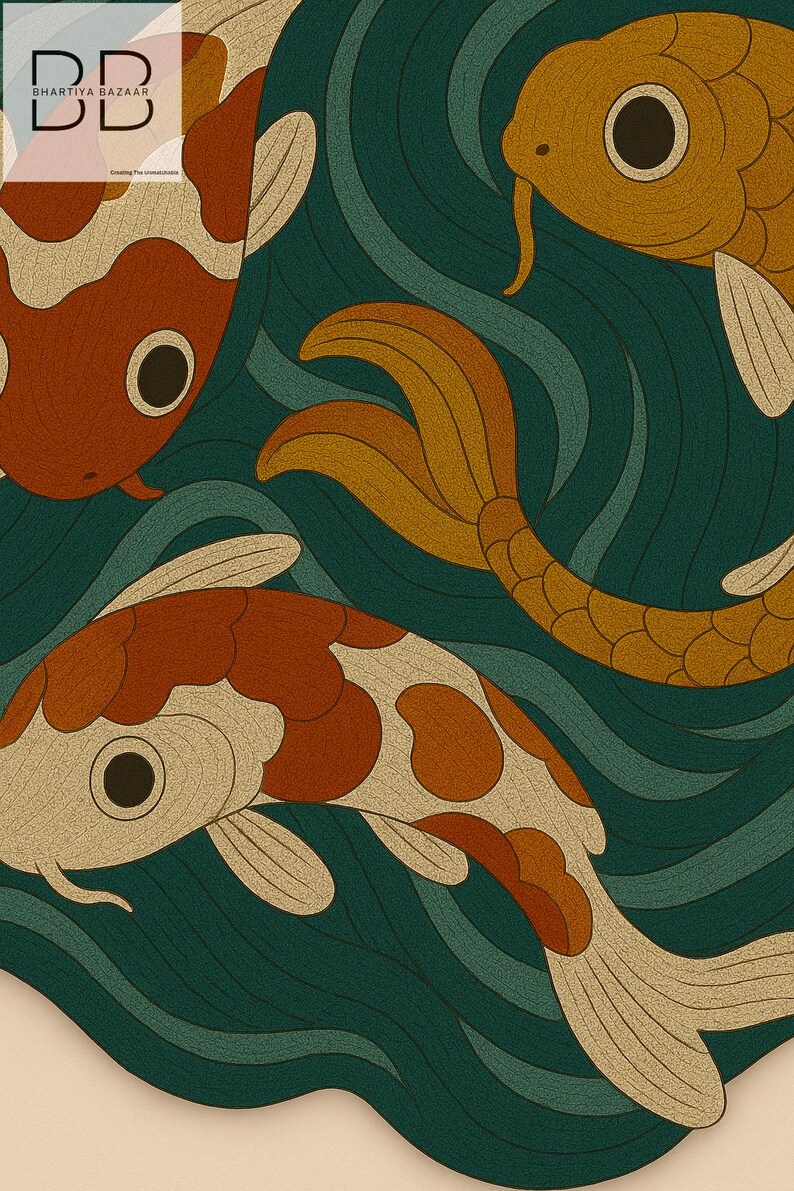 Close-up of three koi fish in detailed tufted rug design with vibrant teal water background